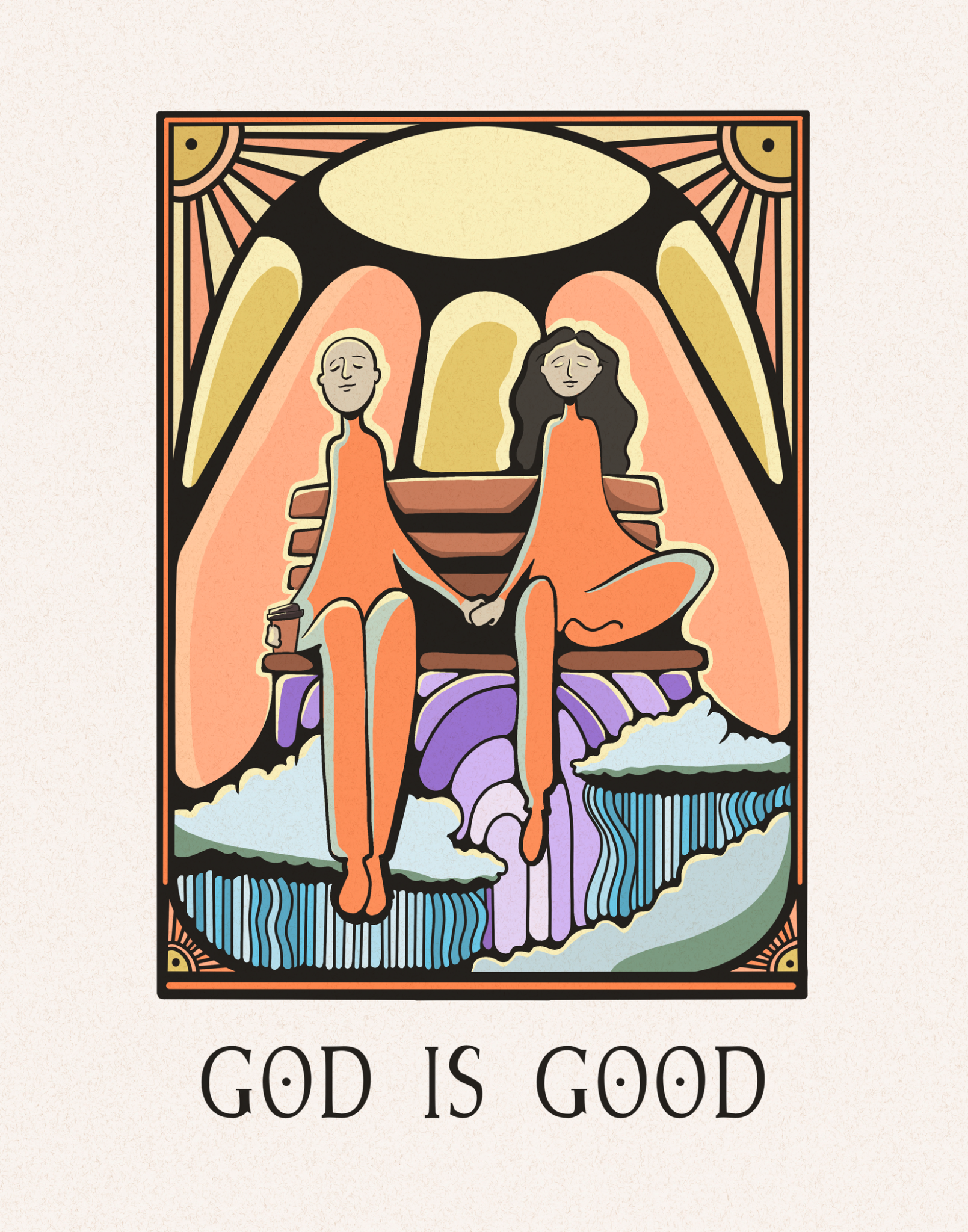 katy-gennaro-illustration-god-is-good Illustration by Katy Gennaro of two figures holding hands on a bench above clouds, framed by sun rays, titled God Is Good