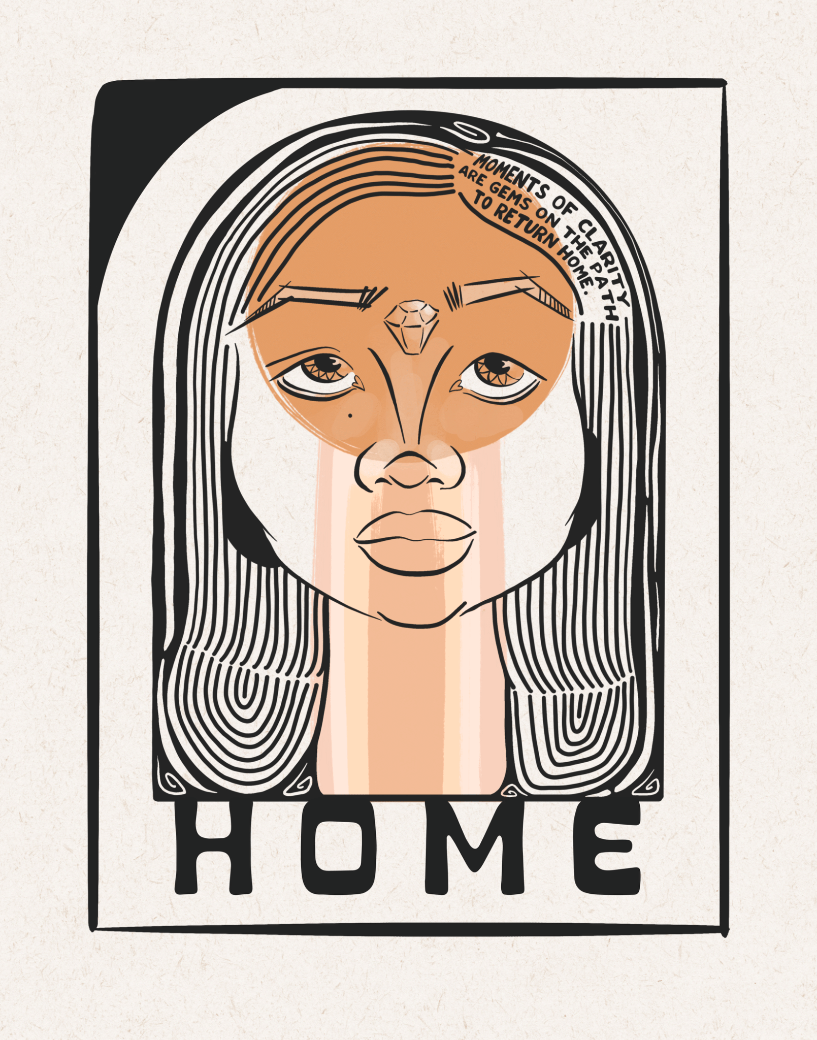katy-gennaro-illustration-home Illustration by Katy Gennaro of a face framed by long lined hair with a gem at the brow, titled Home