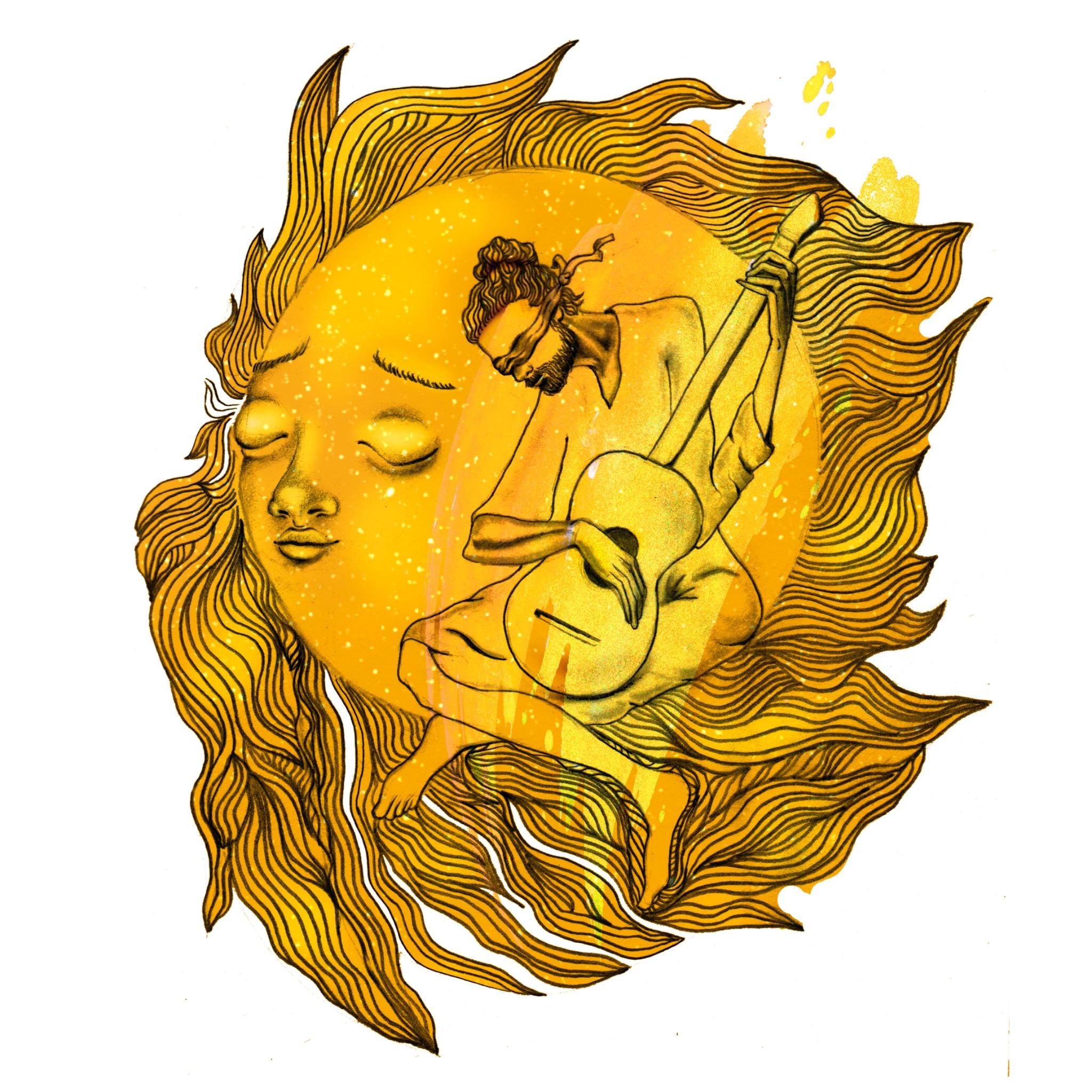 katy-gennaro-illustration-sun-face-guitarist Illustration by Katy Gennaro of a golden sun face with flowing hair and a blindfolded man playing guitar