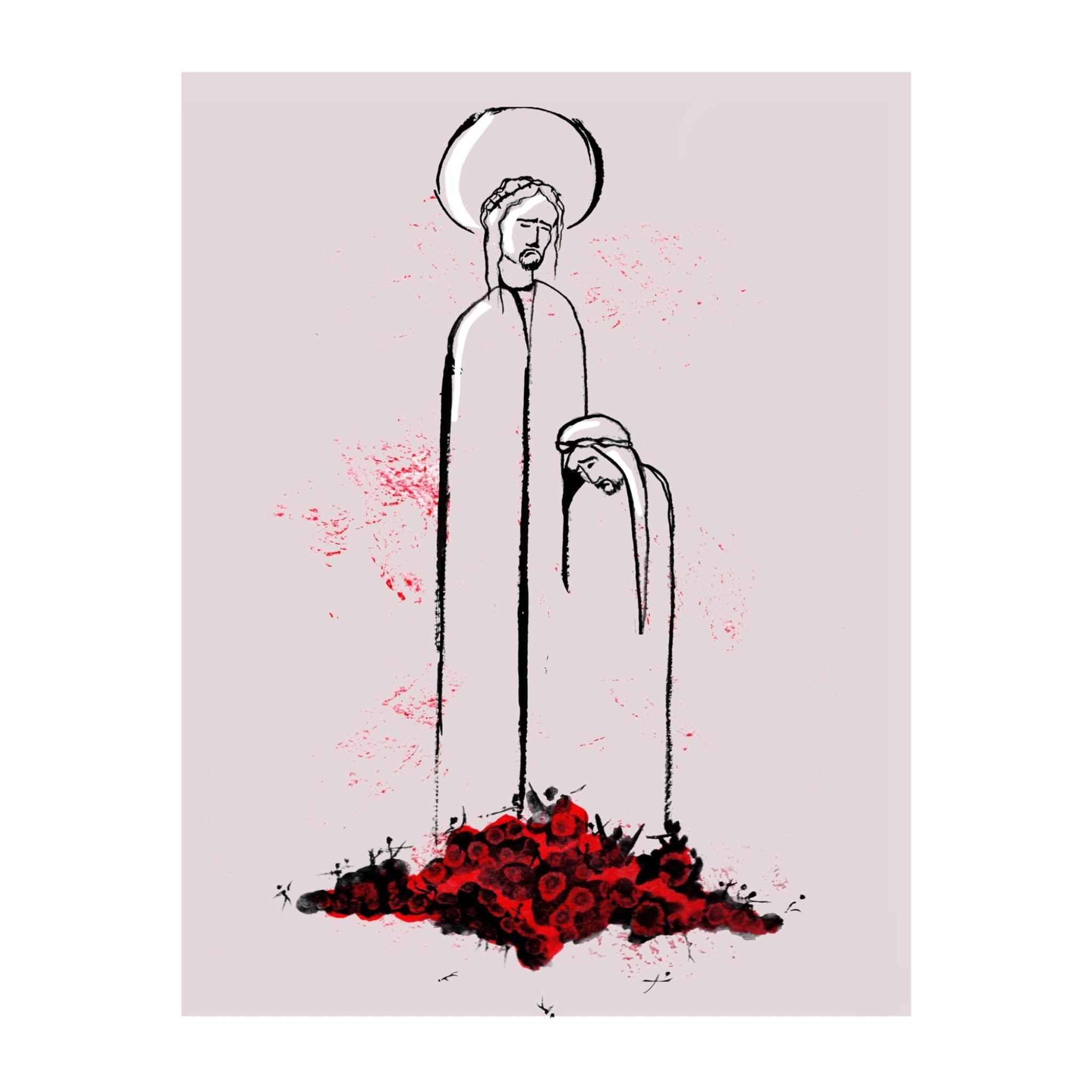 katy-gennaro-illustration-two-haloed-figures Ink study by Katy Gennaro of a haloed Jesus standing beside a sleeping disciple above a mound of red