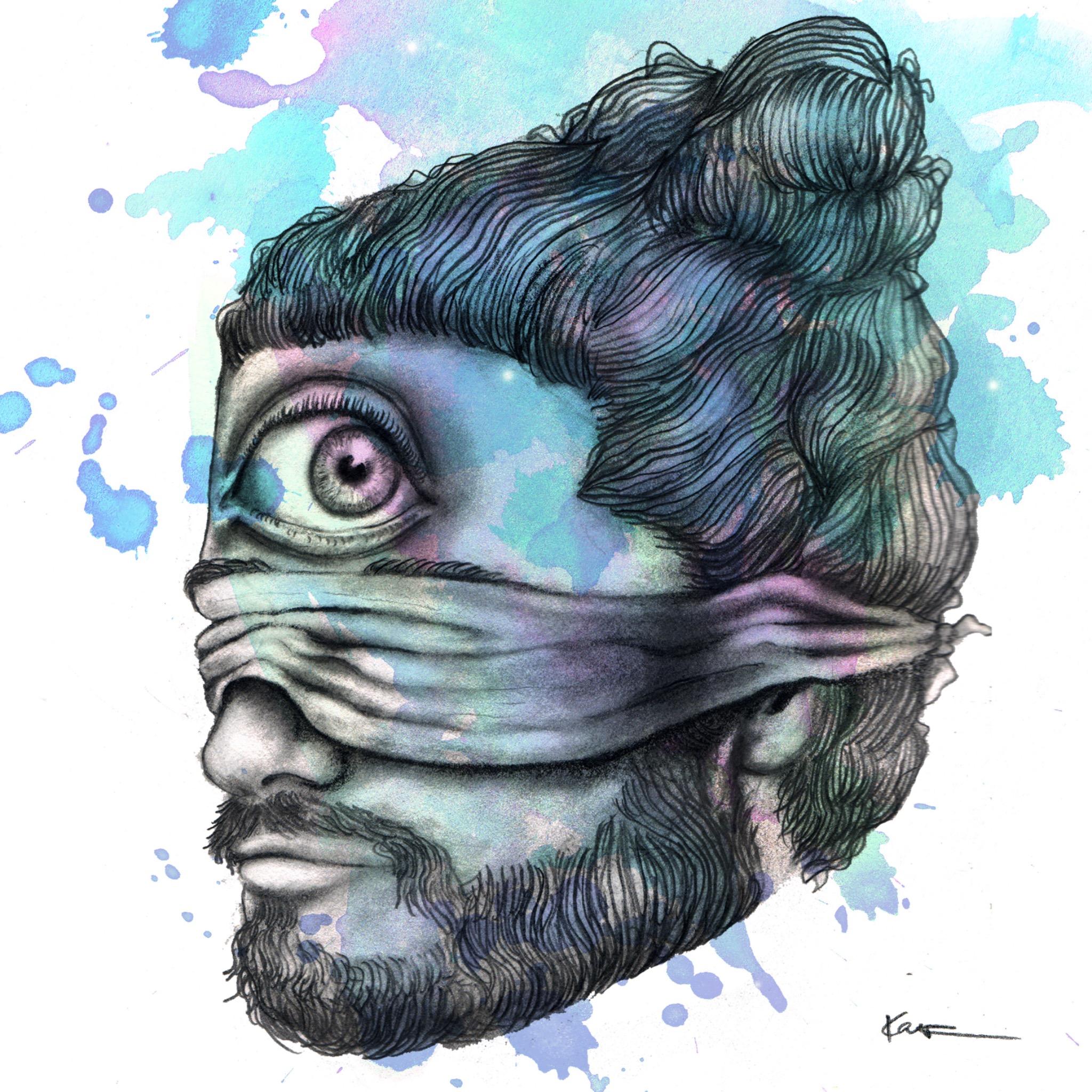 katy-gennaro-illustration-veiled-eye-portrait Illustration by Katy Gennaro of a bearded man with a cloth over his eyes and a single eye above it, in watercolor blues
