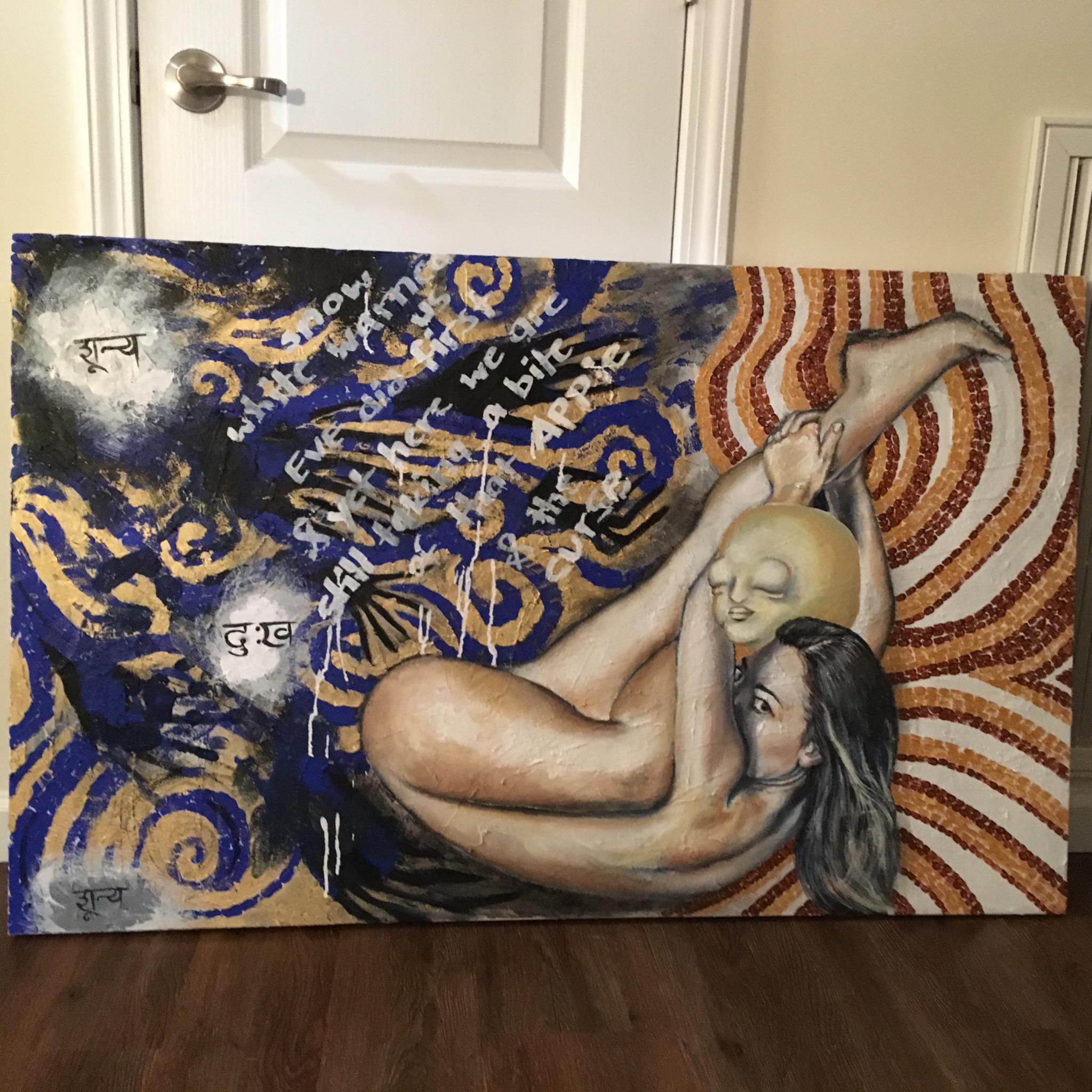 katy-gennaro-painting-eve-figure Painting by Katy Gennaro of a reclining figure holding a pale moon face, with blue and gold swirls and painted text