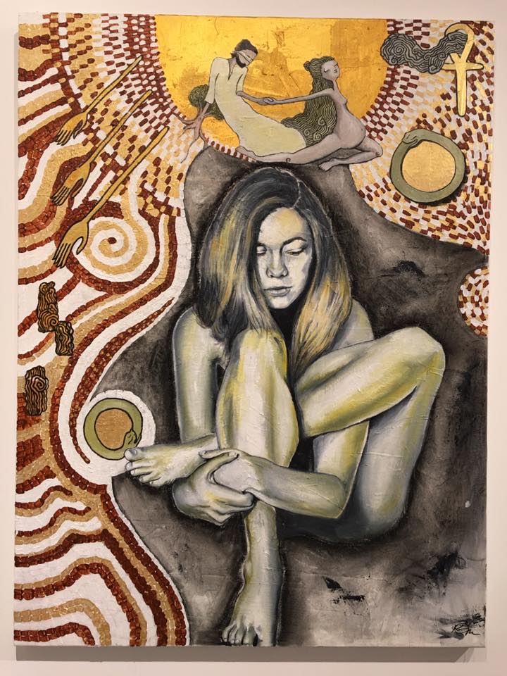 katy-gennaro-painting-seated-figure-gold Painting by Katy Gennaro of a figure hugging her knees on charcoal, surrounded by gold leaf, rust mosaic patterns and two small figures above