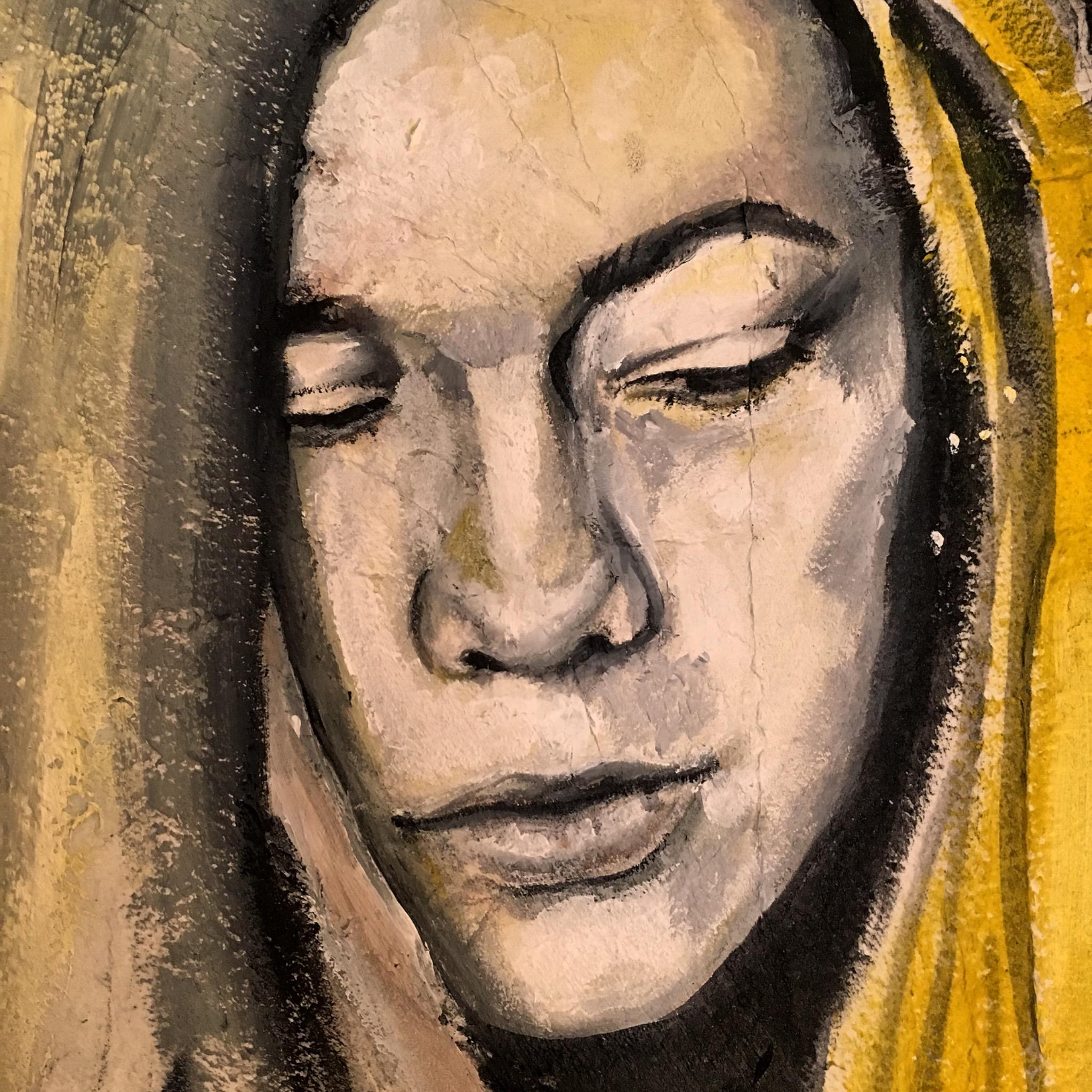 katy-gennaro-painting-veiled-face Detail of Katy Gennaro painting The Witness showing a woman with lowered eyes beneath a yellow veil